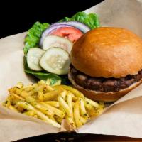 House Burger · served Medium with green leaf lettuce, red onion, tomato, and house pickles