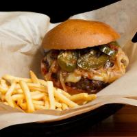 Brass Hat Burger · served Medium with caramelized onions, pepper jack cheese, pickled jalapenos, and sweet chil...
