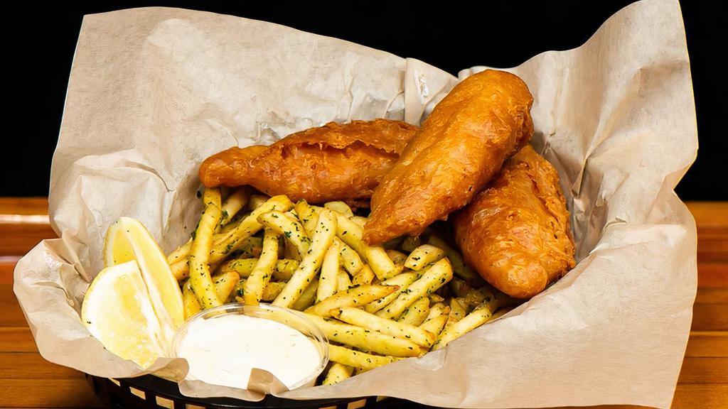 Fish n' Chips · house Pale battered Cod, served with malt vinegar dill mayo and lemon