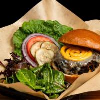 Black Bean Burger · black beans, corn, and spent grain with pepper jack cheese, and chipotle mayo with green lea...