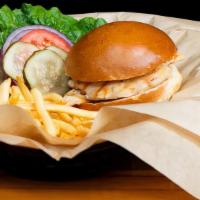 Grilled Chicken Sandwich · chicken breast with green leaf lettuce, red onion, tomato and house pickles