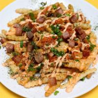 Da Works Fries · furikake fries, kimchi, sriracha aioli, spam