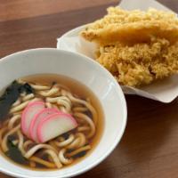 Tempura Udon · Warm Udon Noodle soup, Tempura Shrimp, Kakiage, Wakame, Fish Cake