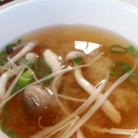 Country Miso · Red & White Miso, Wakame, Tofu, Green Onions, Shimeji & Enoki Mushrooms