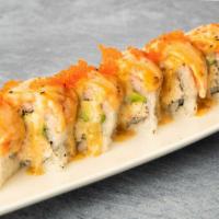 Lion Roll · Torched Roll- Crab, Avocado Inside, Topped with Salmon, Sesame Sauce & Tobiko