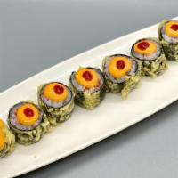 Sanchez Roll · Tempura Roll- Scallops Inside with Tobiko, Topped with Spicy Aioli & Sriracha
