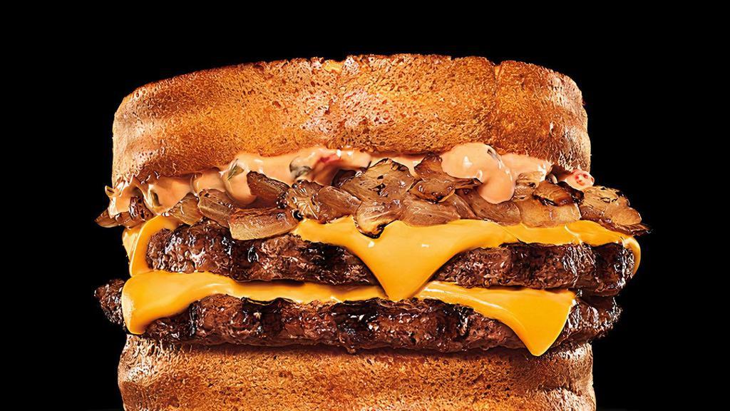 Whopper Melt · New Whopper Melt features two slices of toast, layered with ¼. lb of flame-grilled beef, melty American cheese, caramelized onions and sauce