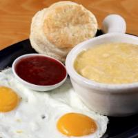 2 Eggs Any Style · With grits or potato hash and toast or cream biscuit.