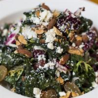 Kale & Chicory Salad · Red grapes, toasted almonds, red onion, cow's milk feta and sugar cane vinaigrette. Vegetari...
