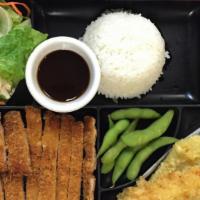 Lunch Bento C · Battered crunchy chicken cutlet served with katsu sauce .Comes with miso soup, salad, rice, ...