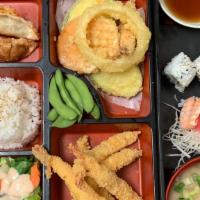 Deluxe Bento M · 5pc:Battered shrimp in crunchy flake ,deep fried served with tempura sauce. Comes with miso ...