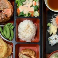 Deluxe Bento I · Grilled salmon neck served with ponzu sauce. Comes with miso soup, salad, white steam rice, ...