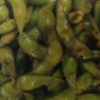 Garlic Edamame · Steamed organic soybeans dressed with fried garlic sauce.