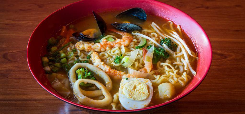 Seafood · Thin wheat flour noodles with house broth, mixed vegetables, egg. Mussels, scallop, shrimp, calamari.