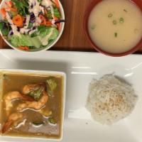 Shrimp Curry · 6pc shrimps, mix vegetables with Japanese green curry sauce. Comes with miso soup, green sal...