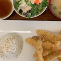 Shrimp Tempura · 6pc shrimp battered and deep fried. Comes with miso soup, green salad and whit steam rice