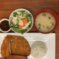 Ton Katsu · Battered, deep fried pork cutlet and served with Japanese katsu sauce. Comes with miso soup,...
