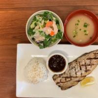 Saba Shioyaki · Grilled mackerel served with ponzu sauce ,miso soup, green salad white rice