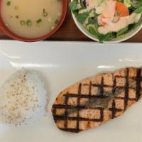 Salmon Shioyaki · Grilled fillet salmon served with miso soup, green salad and white rice