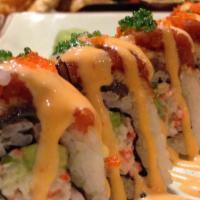Kaiser Roll · 8 pc: Crab meat, avocado topped with spicy ground tuna, eel, spicy mayo and unagi sauce and ...