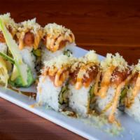 Hot Night Roll · 8pc: deep fried shrimp tempura, avocado, cucumber topping with spicy ground tuna, spicy mayo...