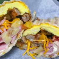 Angels Special Burrito · Eggs, cheddar cheese, bacon ,ham, sausage and potatoes in a flour tortilla.