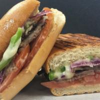 California Roast Beef · Roast beef, melted jack cheese, mayo, mustard, tomato and green bell pepper, onions on a Fre...