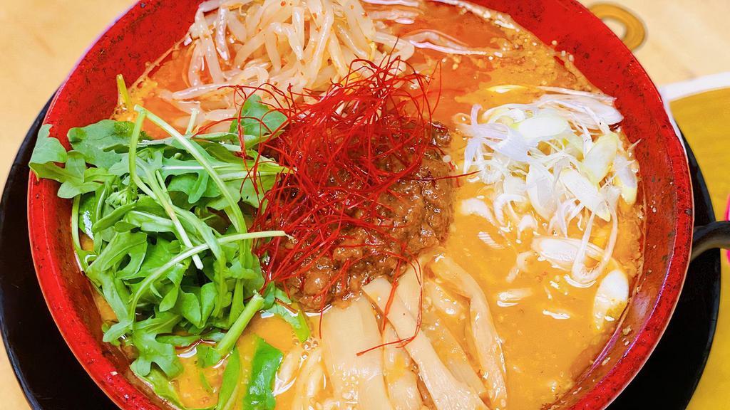 Vegan Spicy Miso Ramen · Toppings : Tokyo negi, bamboo shoot, bean sprout, minced Veggie meat and chili.