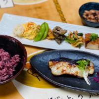 Gindara Saikyo Yaki Bento Box · Broiled Saikyo Miso Marinated Black Cod with 7 kinds of small dishes and choice of rice