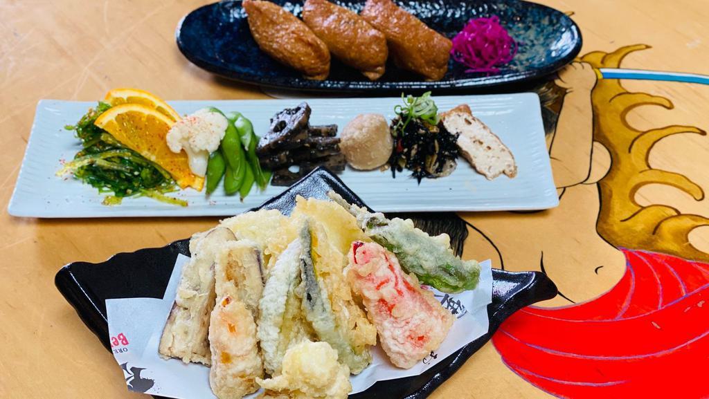 Vegan Bento Box · Assorted Tempura with 6 kinds of small dishes and Inari Sushi