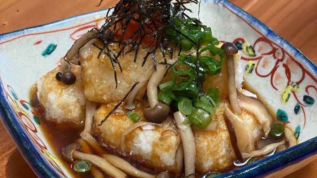 New Style! Agedashi Tofu with Mushroom · New style deep fried 4pcs Tofu with mushroom.