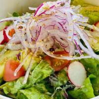 New! Green Salad with Sesame oil dressing · Green leaf, avocado, cucumber, radish, red onion, cherry tomato, cabbage with house made ses...