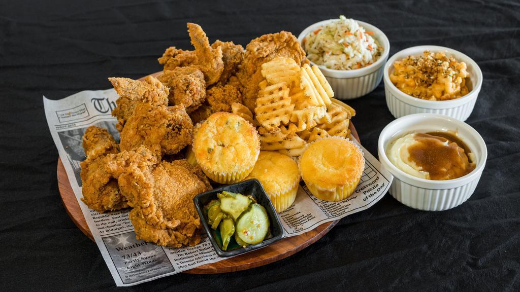 The Coop (8 Pieces Meal) · Eight piece of fried chicken, four cornbread muffins, pickles, and your choice of four sides.