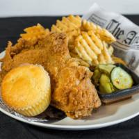 The Duo (2 Pieces Meal) · Two piece of fried chicken, cornbread muffin, pickles, and your choice of side.