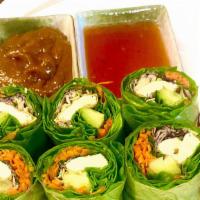 Green Salad Rolls · Rice paper wrap with noodle, cabbage, carrot, cucumber, mint served with peanut sauce. Add s...