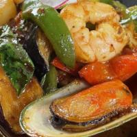 Seafood Eggplant · Stir fried shrimp, scallops, mussels, calamari, bell peppers, chili paste garlic, basil.
