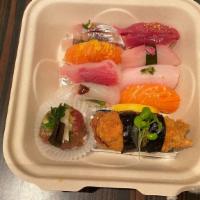 Sushi Omakase Bento · Eight pieces seasonal nigiri and two signature sushi (1 piece toro tartar, 1 piece katsunagi)