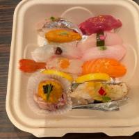 3-course Omakase · Kai (clams) miso soup, miso salmon with seasonal vegetable, sushi box (eight pieces premium ...