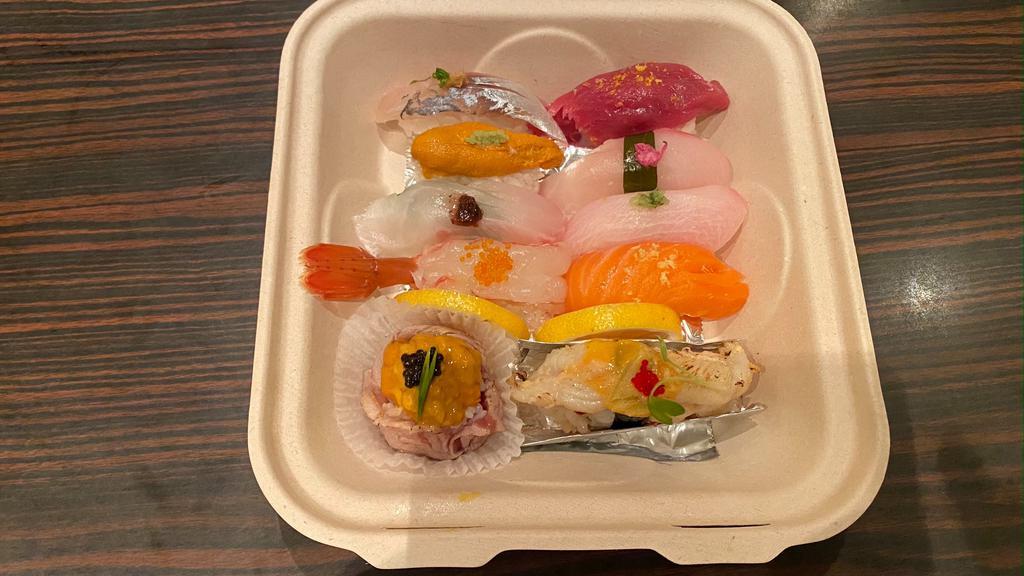 3-course Omakase · Kai (clams) miso soup, miso salmon with seasonal vegetable, sushi box (eight pieces premium sushi nigiri, 1 piece baby maine lobster, and 1 piece toro uni caviar).