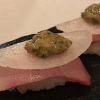 Hamachi Pear · (2 pieces) Yellowtail sushi with sliced pear and kabuto fruity mustard sauce.