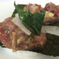 Toro Tartare · (2 pieces) Tuna belly and avocado with Kabuto tartar sauce and deep fried shiso