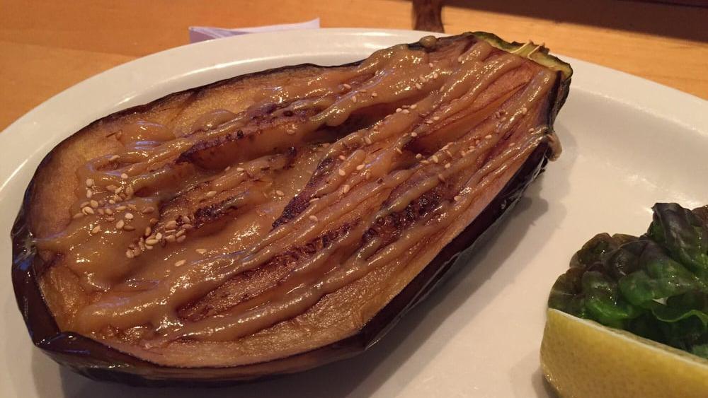 Nasu Dengaku · Fried and grilled eggplant with miso sauce.