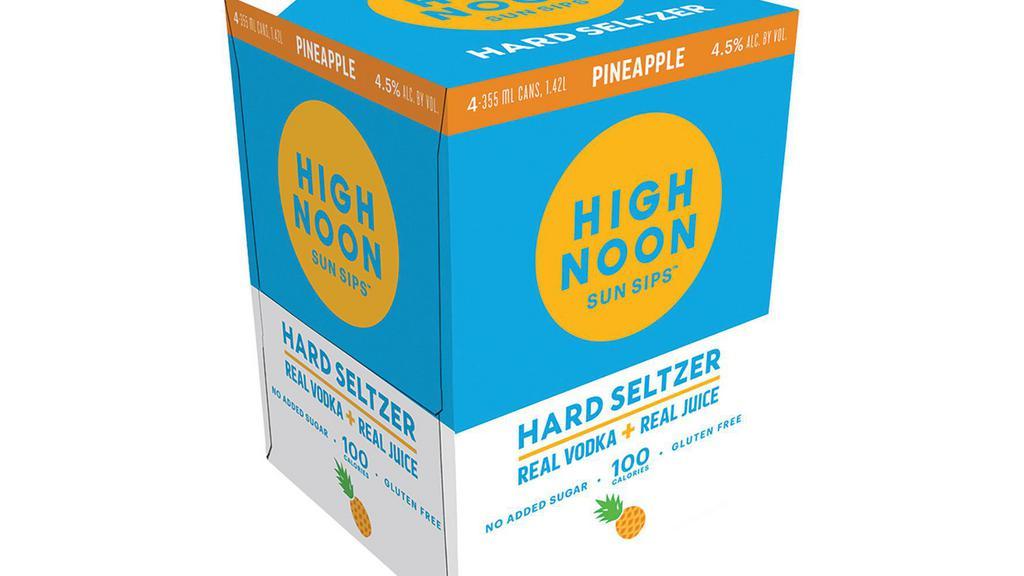 High Noon Hard Seltzer Pineapple (12 oz x 4 ct) · Tastes like escaping to a Tahitian over-ocean cabana. Also perfect for day drinking by any available body of water. Sand between toes not included.
