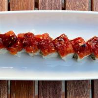 Red Dragon · Shrimp tempura and cucumber roll, topped with spicy tuna, tobiko and unagi sauce.