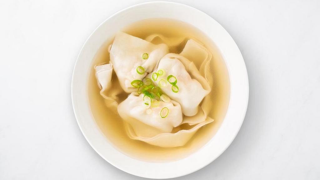 Shrimp & Kurobuta Pork Wonton Soup · Handmade wontons filled with premium Kurobuta pork, freshly-peeled shrimp, and savory house seasonings in a lightly-flavored chicken and pork broth. Garnished with green onion and a drizzle of sesame oil.