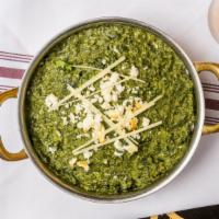 Palak Paneer (Saag Paneer) · Gluten Free. Watsonville spinach cooked with cottage cheese, garlic and cream.  (Comes with ...