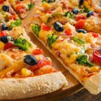 FP's Veggie Pizza · A pizza with marinara sauce, mozzarella cheese, onion, mushroom, peppers, spinach, bell pepp...