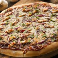 FP's Barbeque Chicken Pizza · A pizza with barbeque sauce, mozzarella cheese, grilled chicken, onion and banana peppers