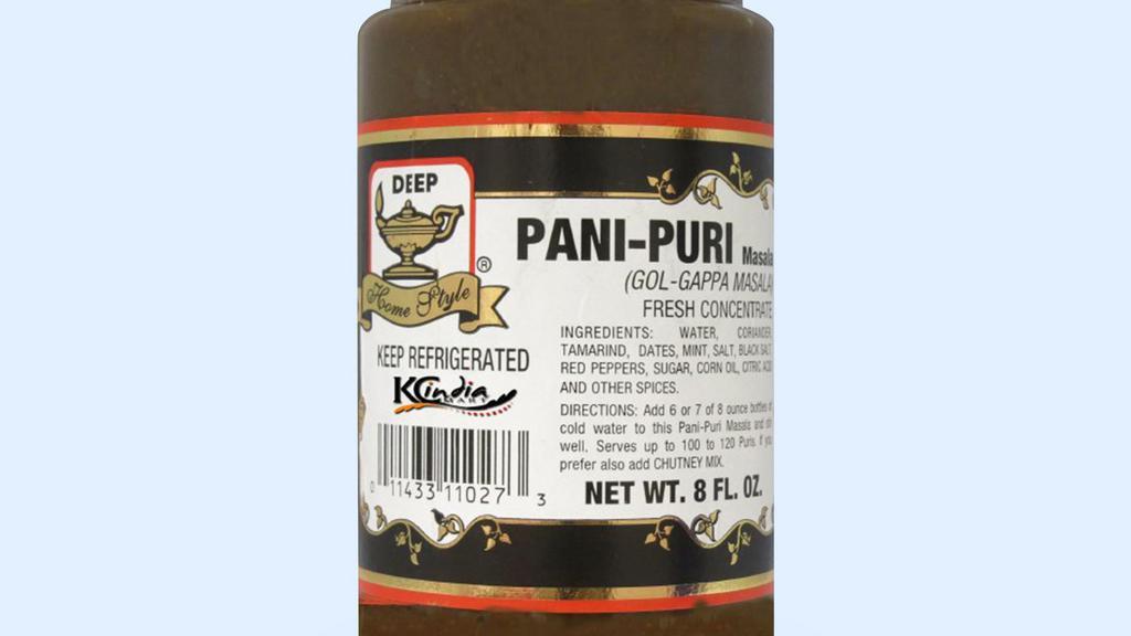 Pani Puri Masala Concentrate · (8 oz.) Made of fresh coriander leaves, salt, citric acid, cumin, chillies and spices. This is simply mixed and thinned with water. Ingredients: fresh mint, coriander, spices, jaggery, ginger, vinegar, corn oil, tamarind, citric acid, salt, fd&c green 3.