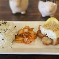 Garlic Lemon Rock Cod · Garlic Lemon Rock Cod with Onsen Egg, Roasted Young Patatoes, Steamed Rice, Kimchi, and Hous...